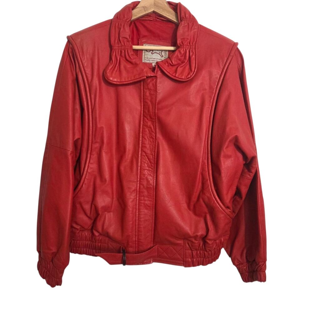 Vintage 80s Glampier Red Leather Bomber Jacket Gathered Collar Glam MEDIUM